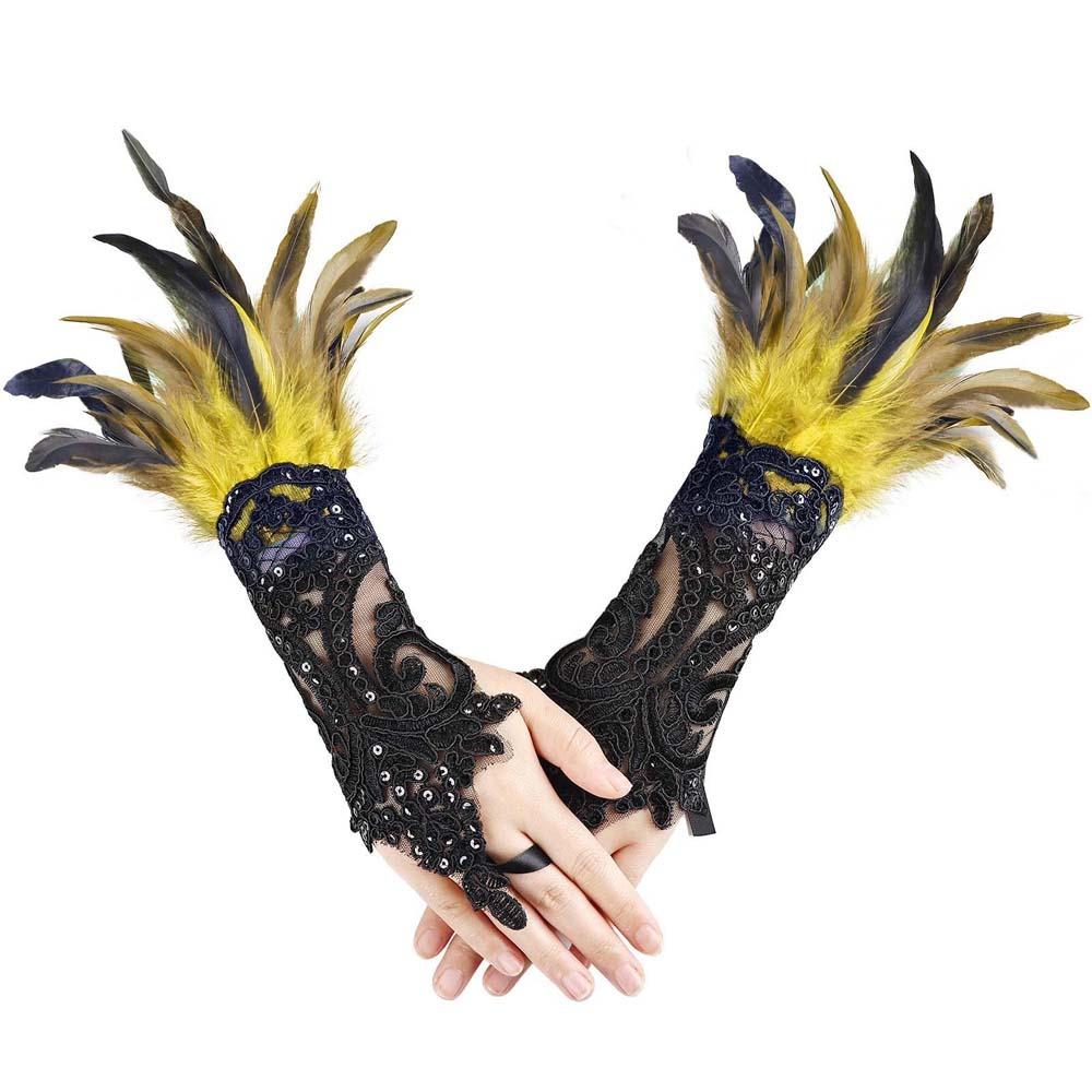 Retro Sequins Feather Lace Gloves Gothic Women Halloween Arm Sleeves Halloween Feather Gloves  Ball