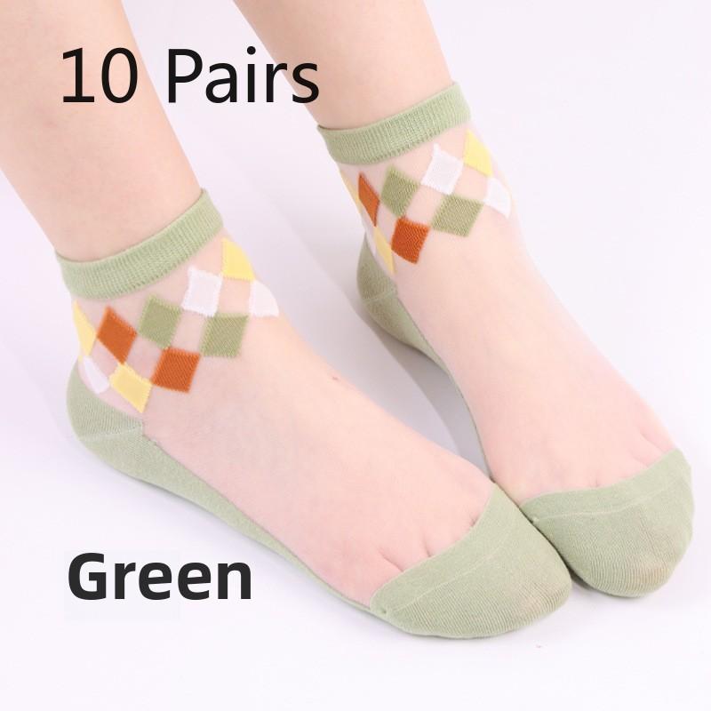 10 Pairs Women's Spring/summer Casual Argyle Flower Glass Silk Mid-tube Women's Socks Boneless Hand Sewn Crystal Silk Socks