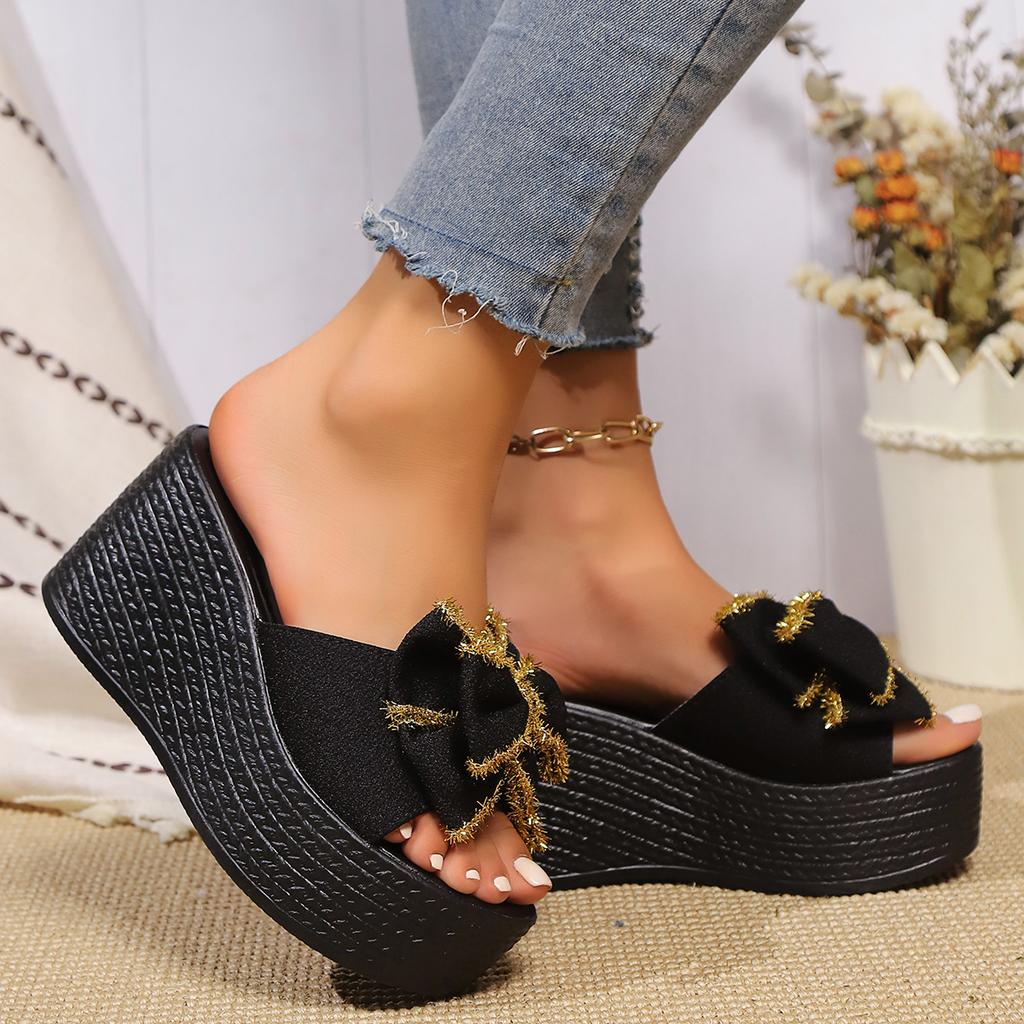 Fashion Women Bow Summer Sandals Slipper Indoor Outdoor Beach Shoes Summer Women's Shoes Flip Flops Platform High Heel Slipper for Women