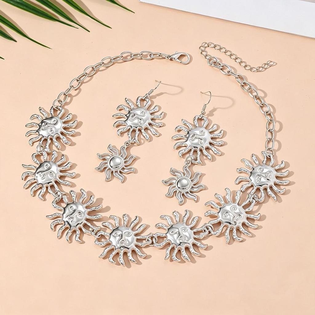 Summer Chic Metal Sun Jewelry Set: Necklace & Earrings for Women
