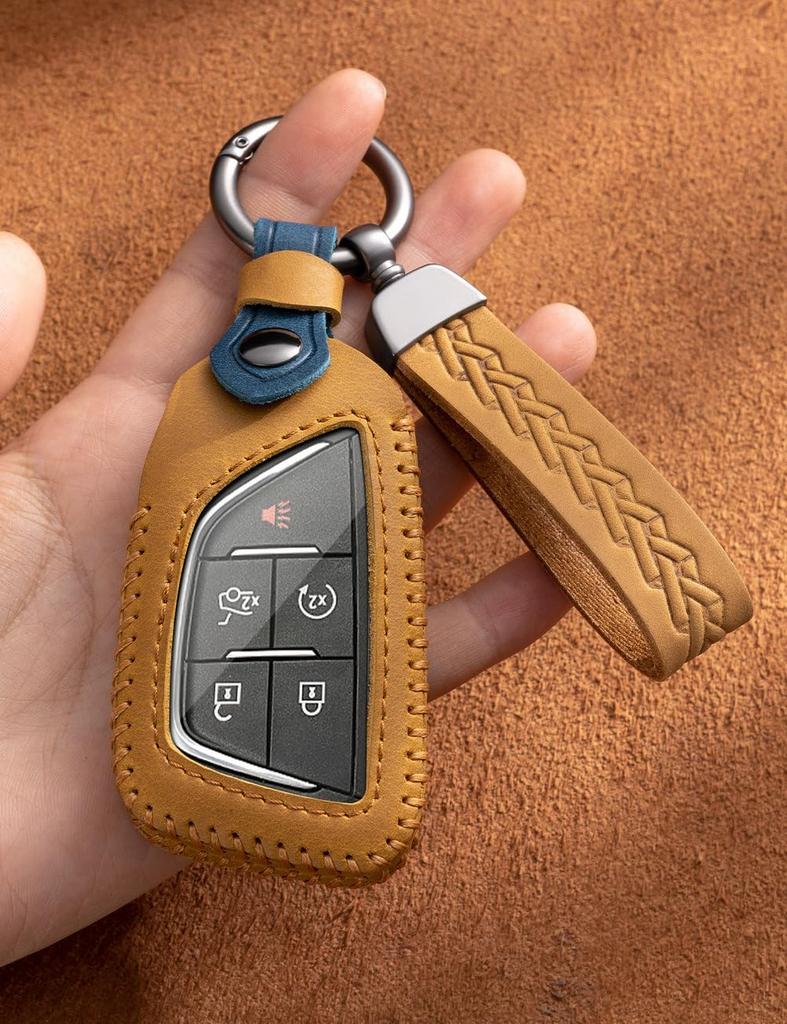 YINEOR Cadillac Key Fob Cover Leather Car Key Case Keychain Smart Key Fob Holder