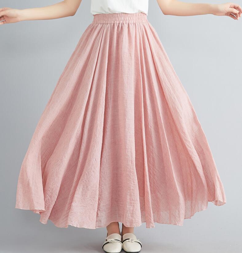 Women's Plus Size Cotton Linen Midi A-Line Skirt with Elastic Waist In 20 Colors