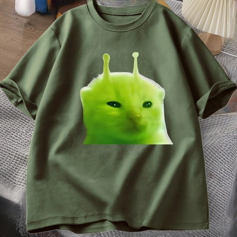 T-shirt Chat Alien Vert Femme Unisexe Chat Meme Tee Glorp Gnarp Cerveau de Chat T-shirt Mignon Rigolo Hauts Courts Manches Courtes en Coton Amples