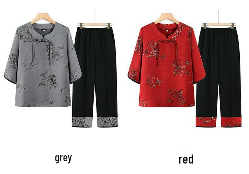 Chinese Style Summer Two-Piece Set: Short-Sleeved Outfit for Middle-Aged & Elderly Women