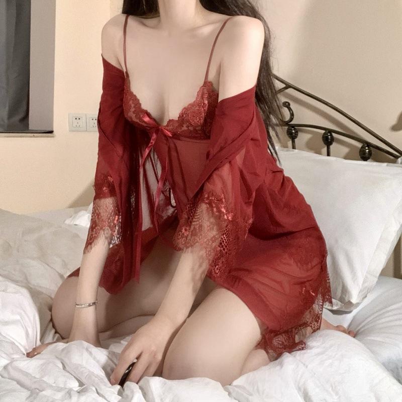 Sex Lingerie Large Size Perspective Seduction Suspenders Sexy Lace Women's Nightgown Set