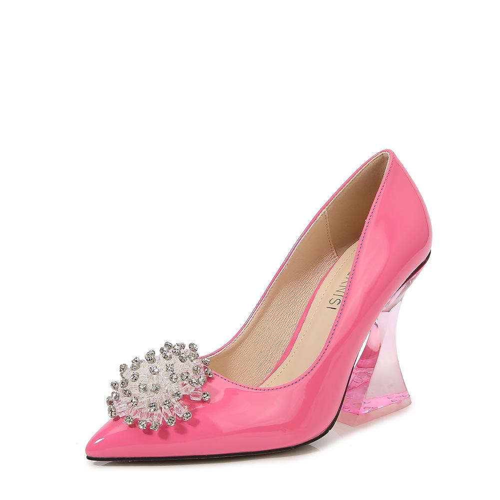 

Candy color women s shoes new work shoes pointed patent leather crystal heel high heels fashion shiny rhinestone single shoes 46 рожевий