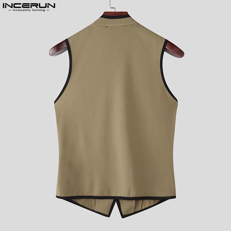 INCERUN Men Stand Neck Sleeveless Stitching Slim Waist Thin Waistcoat Tops