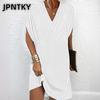 JPNTKY Fashion Summer Spring Solid Color Print Short Sleeve V-Neck Casual Dresses
