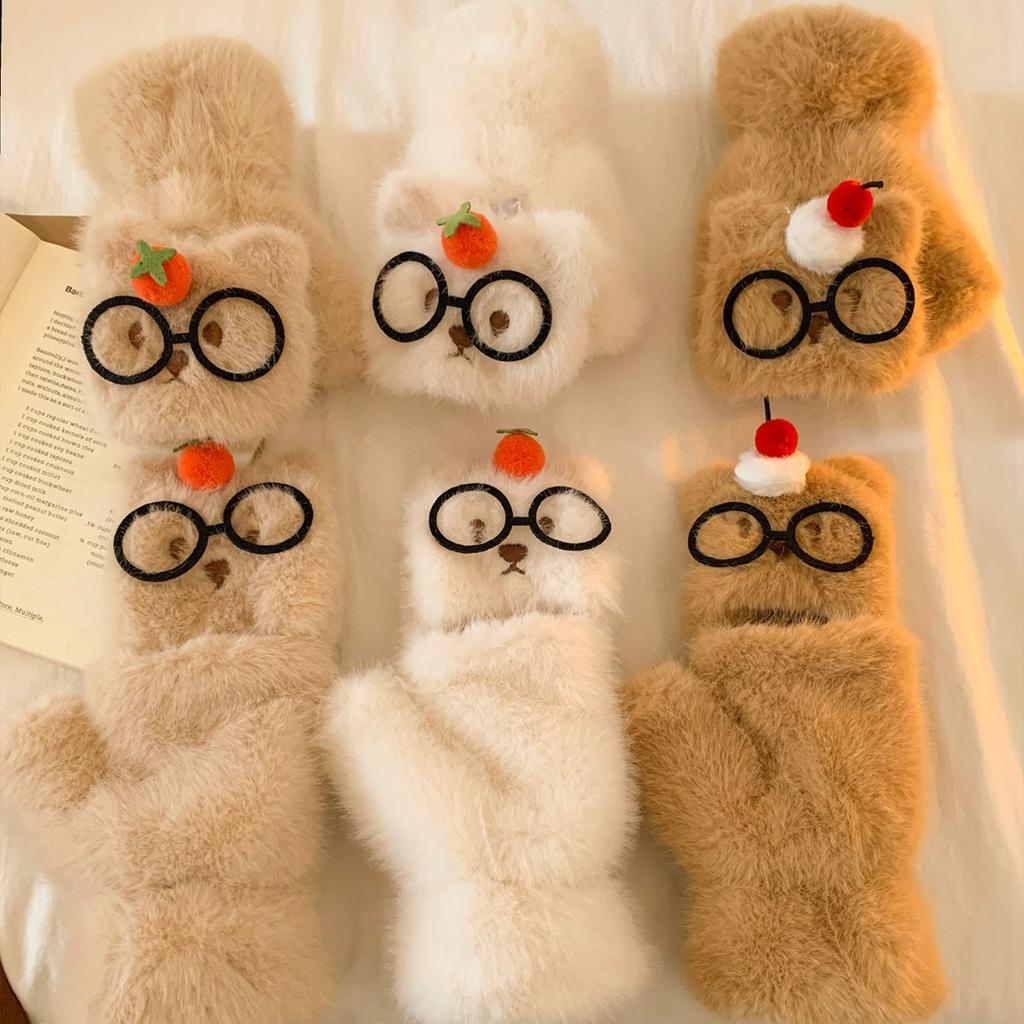 Cute Glasses Bear Plush Half Finger Flip Up Gloves for Women In Winter Cartoon Versatile Touch Screen Protection Against Cold  Wind and Warmth