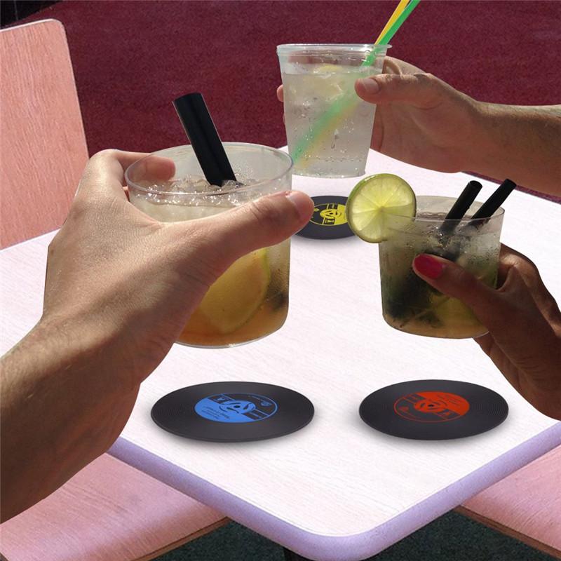 

Coasters for Drinks Set of 12 Vintage Vinyl Record Retro Mats Soft Rubber Cup Mat Silicone Drink Coasters Large 4 inch 10cmX3mm&Round чорний