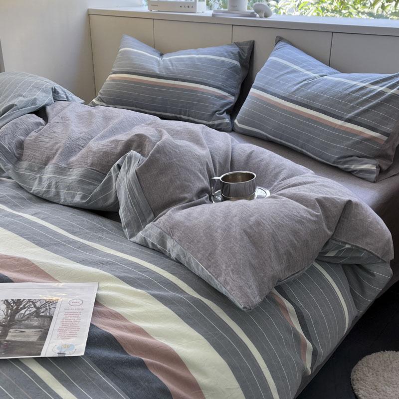 New Pure Cotton and Linen Double Yarn Four-piece Set Striped Print Single and Double Bed Sheets Bedding