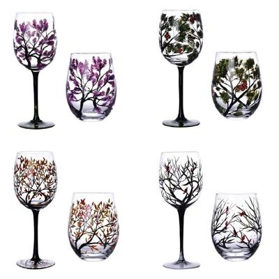 Handmade Painted Glass Wine Glasses Four Seasons Tree Goblet Gift for Friend
