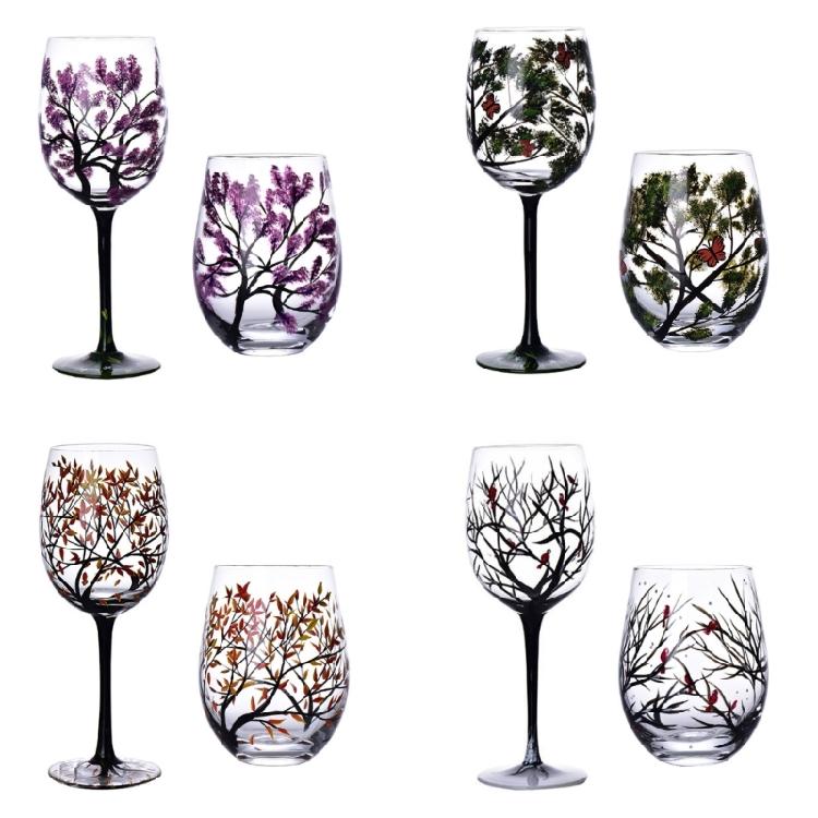 Handmade Painted Glass Wine Glasses Four Seasons Tree Goblet Gift for Friend