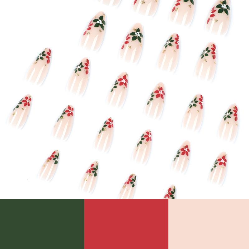 Wear nail piece red and green flower Christmas manicure Wear nail medium and long press on nails