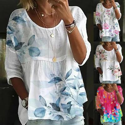 Camisa de verão feminina plus size, camisa casual de manga curta estampada