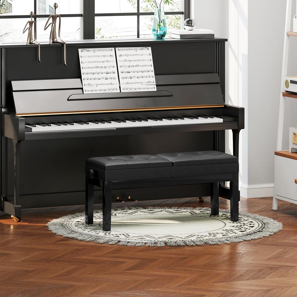 Piano Bench, Piano Stool, Faux Leather, Adjustable Double Seat, Storage, Black