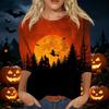 Women's Casual Halloween Printed T Shirt Crew Neck Three Quarter Sleeve Top Witch and Moon Graphic Design