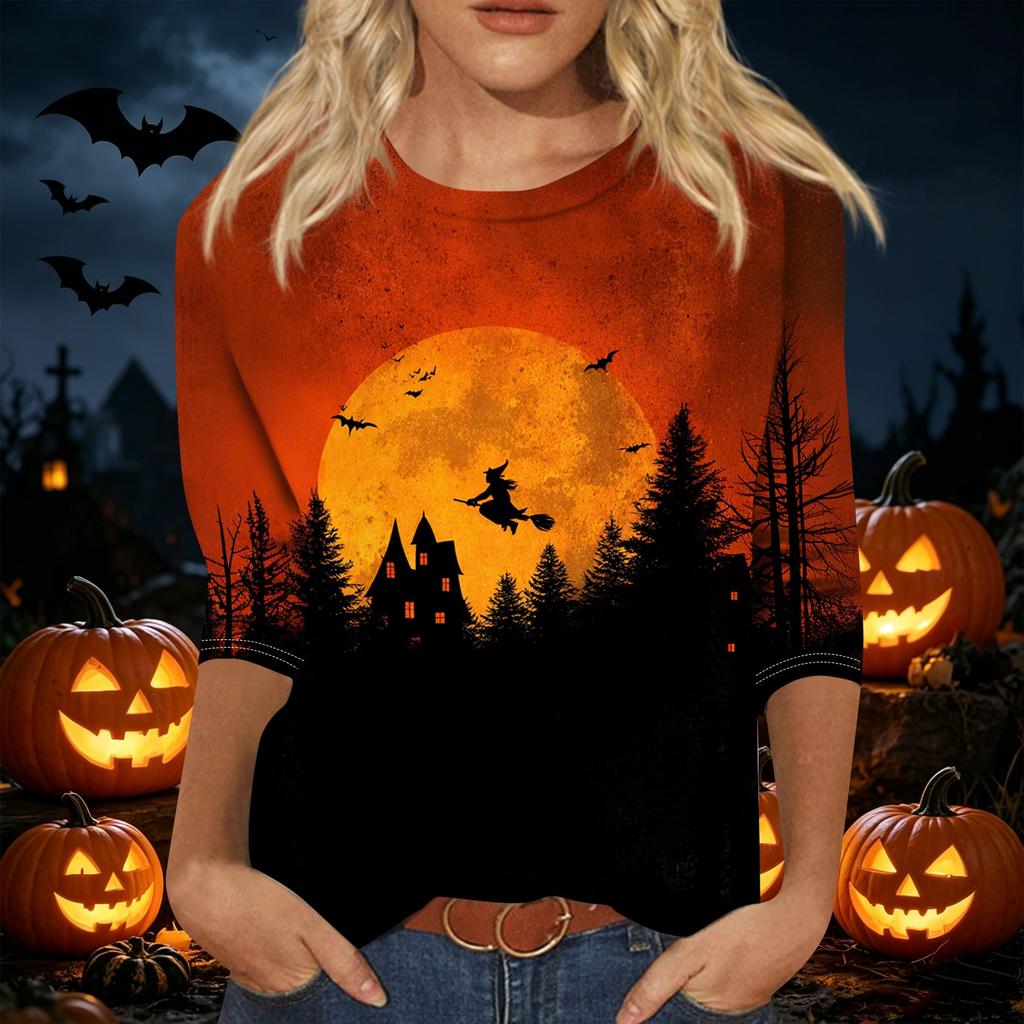 Women's Casual Halloween Printed T Shirt Crew Neck Three Quarter Sleeve Top Witch and Moon Graphic Design