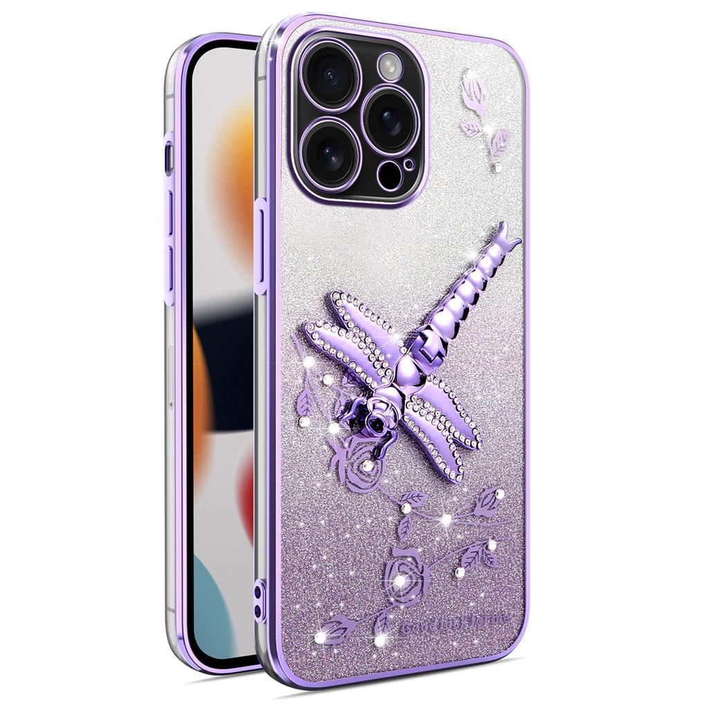 KADEM For iPhone 16 Pro Max Case Dragonfly Kickstand TPU Flowers Glitter Phone Cover