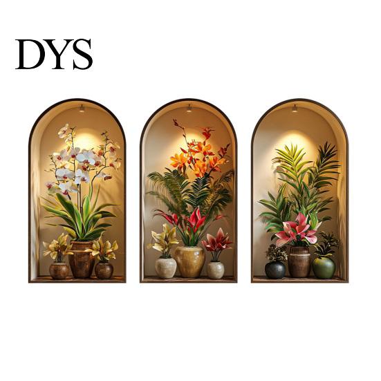 Easy Install Wall Sticker 3 Pcs 3D Vase Stickers Vintage Flower Art Space Extension Self-Adhesive Colorful Floral Blossom Decals for Bedroom