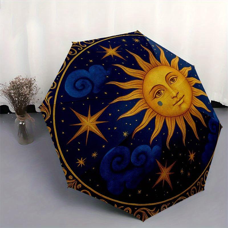 Golden Sun and Stars Circular Wall Art Decor Umbrella, Cute Umbrella with Cute Design, Portable 3-Fold Compact Umbrella for Men & Women, Valentine's D