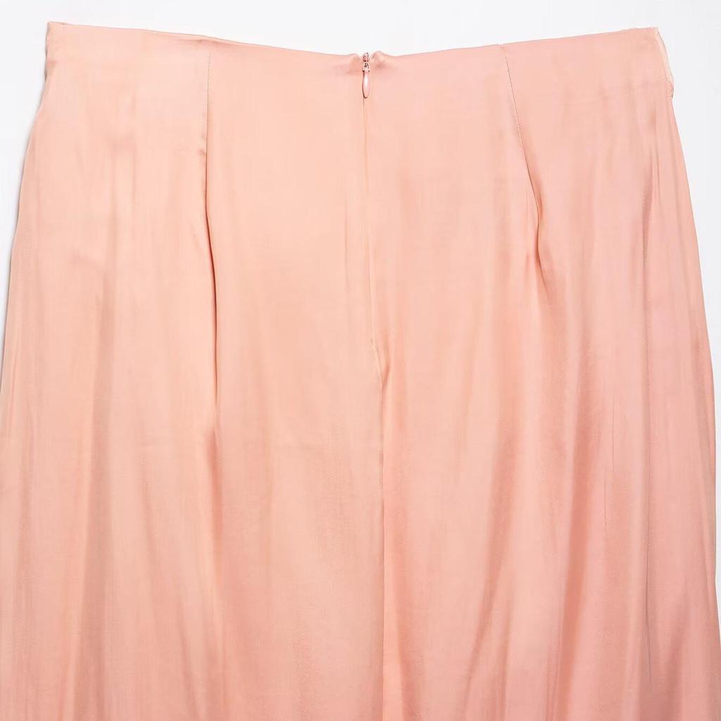 2025 Summer Gold-Trimmed Pink Silk Midi Skirt Set
