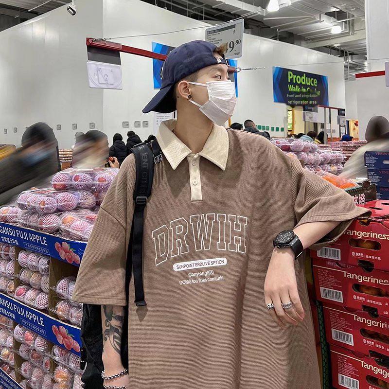 T-shirt z krótkim rękawem w stylu Harajuku z waflowym kołnierzykiem polo, modny top w stylu Hong Kong Chic na lato 2022