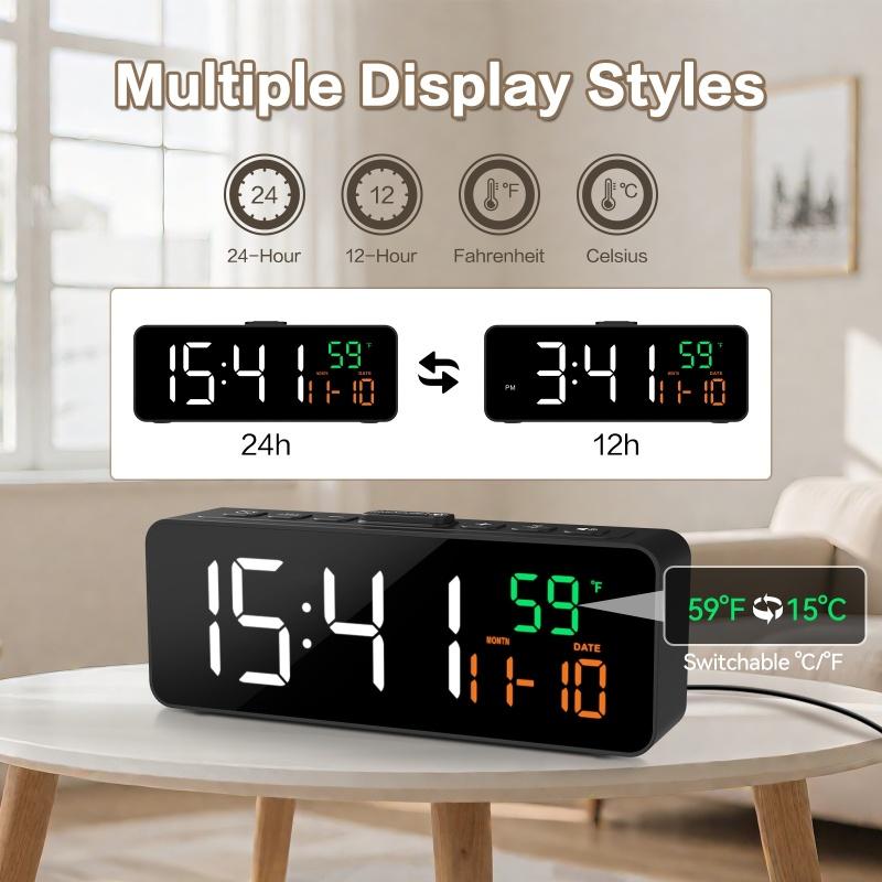 USB Powered Digital Alarm Clock TEMP Date Display 5 Levels Brightness Snooze Table Clock 3 Levels Alarm Volume 12/24H LED Clock