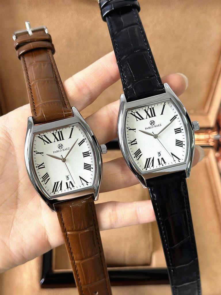 Pablo Raez Barrel Watch: Waterproof Leather Strap, Calendar, Casual Men's Style.