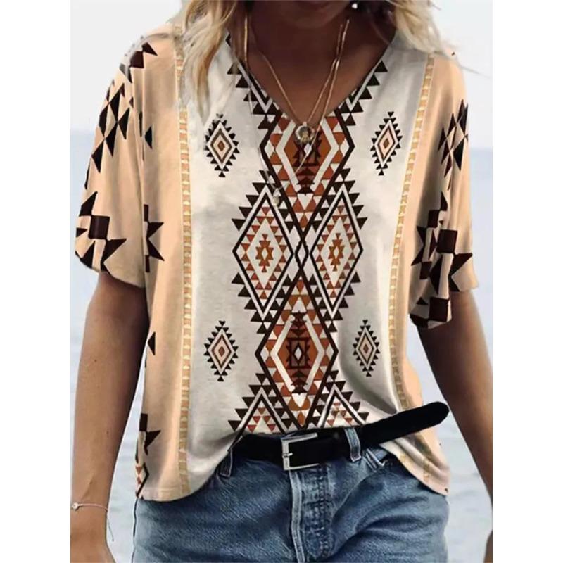 Summer V-neck Ethnic Style Retro 3D Printed Top Fashionable Casual Short Sleeved Women's T-shirts
