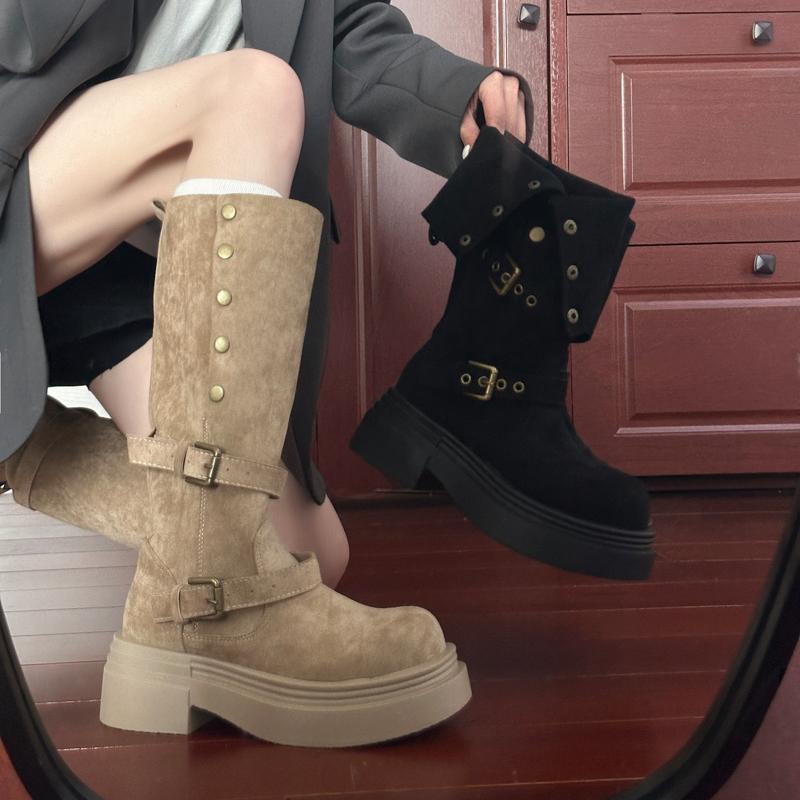 Fashion Street Style Fashion Belt Buckle Knee High Boots Women Platform Heels Shoes Design Elegant Knight Long Boot