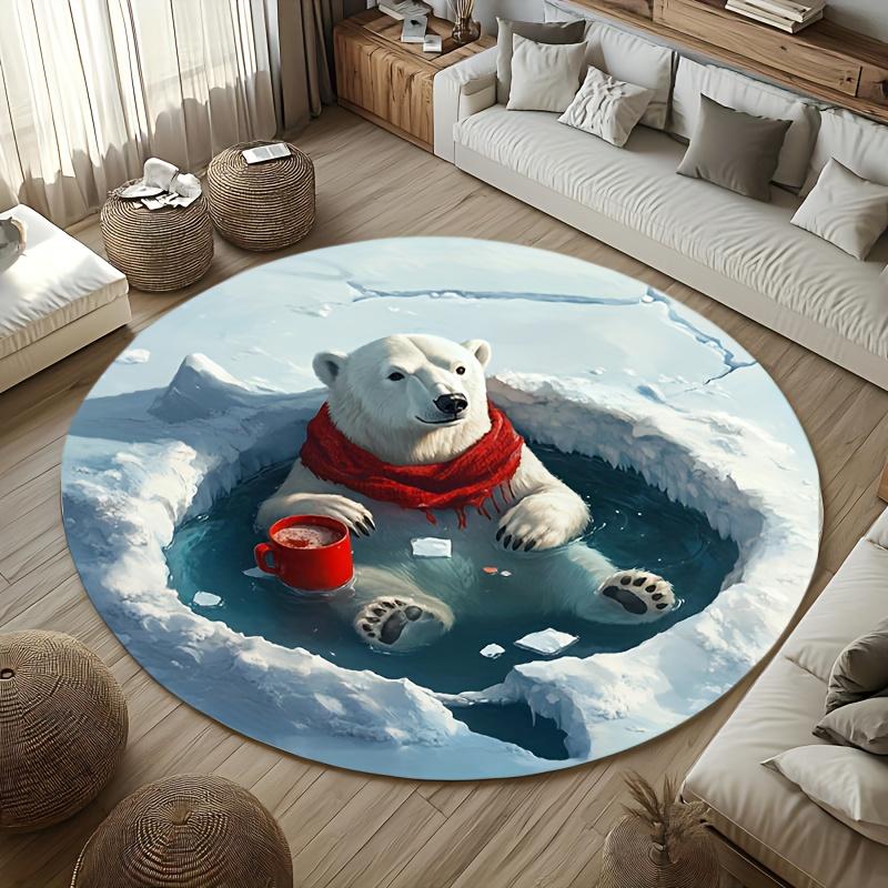 

Polar Bear Ice Round Rug Flannel Printed Carpet Winter Theme Home Decor Cozy Soft Floor Mat Living Room Indoor Use 60CM(23.6inch)