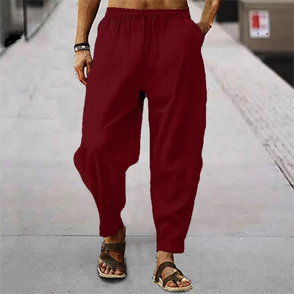 Men's Casual Loose Fit Sport Pants Hip Hop Cotton Linen Stripe Breathable Loose Comfortable Men's Long Trousers