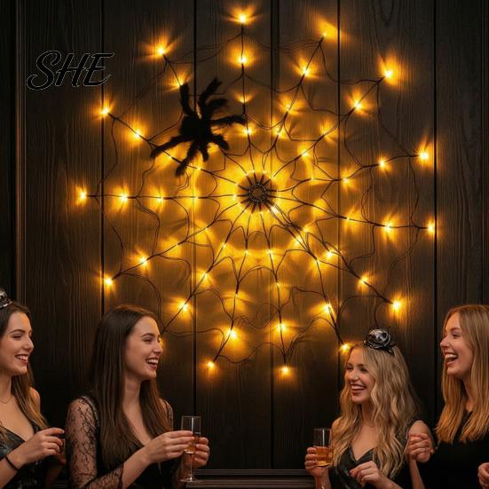 Realistic Spider Web for Home 47" Halloween Light Up with LED Lights, Giant Festive Holiday Atmosphere Supplies Cobweb Decoration Remote Control