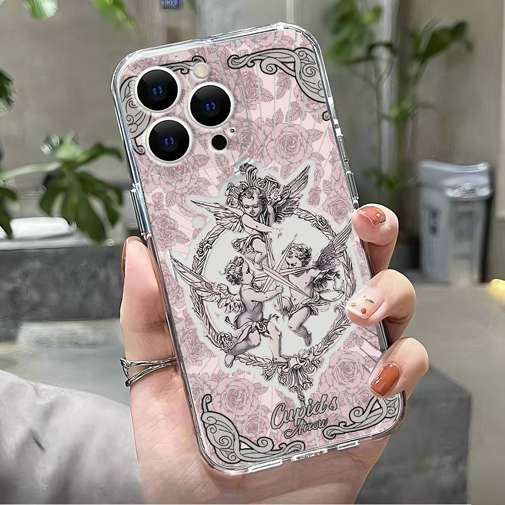 Retro European Cupid Angel Aurora Laser Phone Case For iPhone 16 15 14 13 12 11 7 8 X XS Pro Max INS Glitter Lens Protect Cover