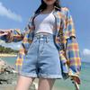 Women's High Waist A-Line Denim Shorts - Summer Straight Leg, Double Button, Loose Fit with Rolled Hem, Trendy Wide Leg Design