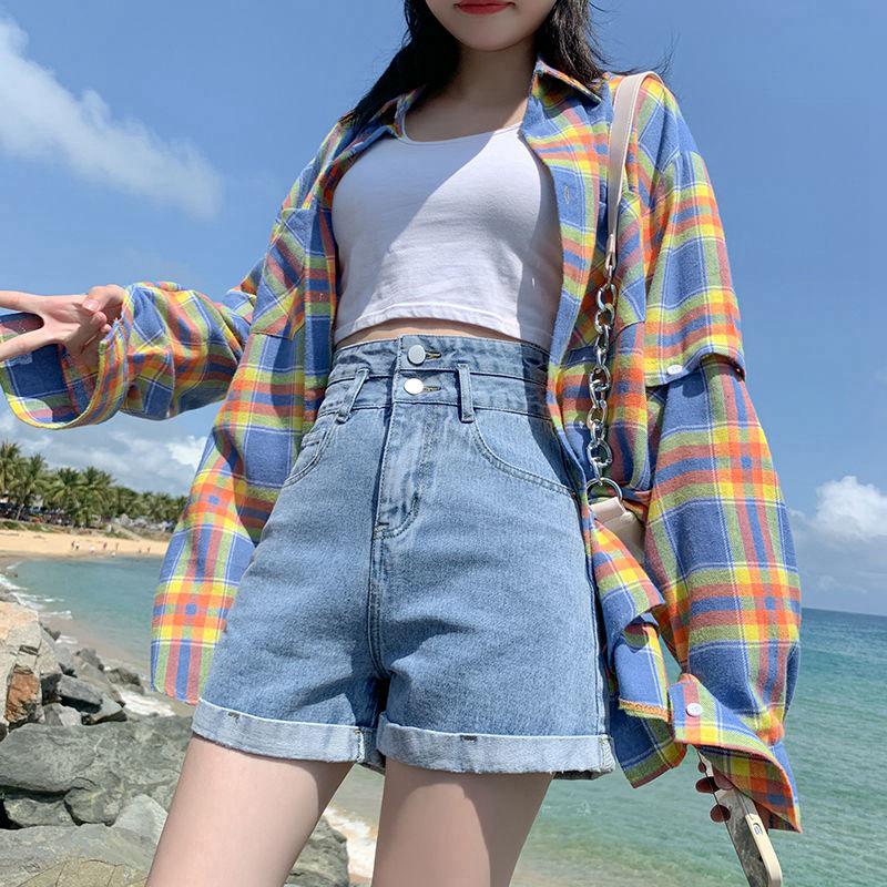 Women's High Waist A-Line Denim Shorts - Summer Straight Leg, Double Button, Loose Fit with Rolled Hem, Trendy Wide Leg Design