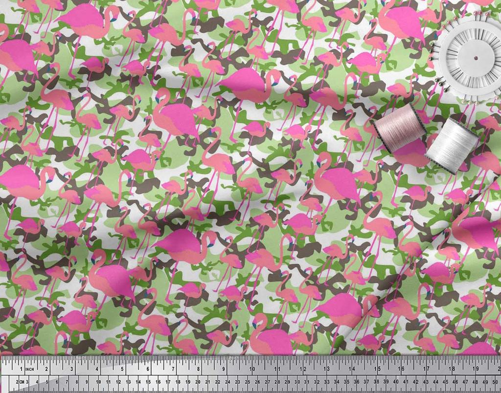 Soimoi Japan Crepe Satin Fabric Camouflage Texture & Flamingo Bird Printed Craft Fabric by the Metre 42 Inch