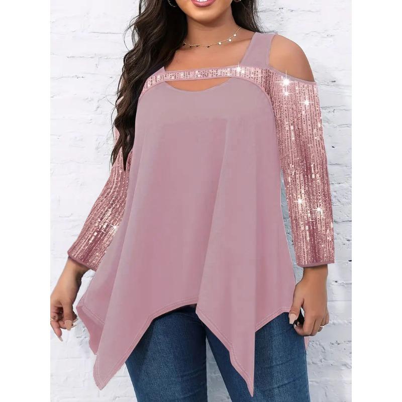 Vår Höst Street Style Urskuren Paljetter Oregelbunden T-shirt Kvinnor Långärmad Off Shoulder Pullover Tee Topp