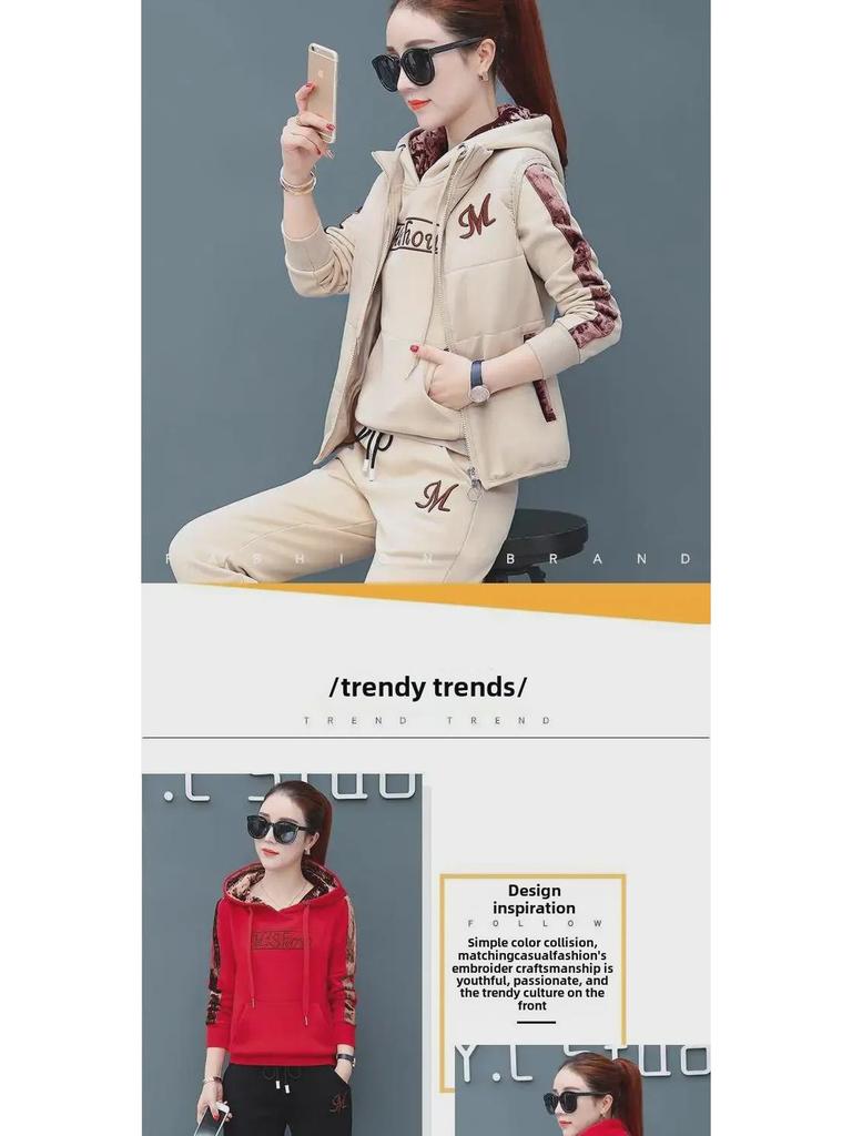 Women's Plus Size Velvet Sportswear: Thickened Three-Piece Suit for Autumn/Winter 2023 Casual Fashion