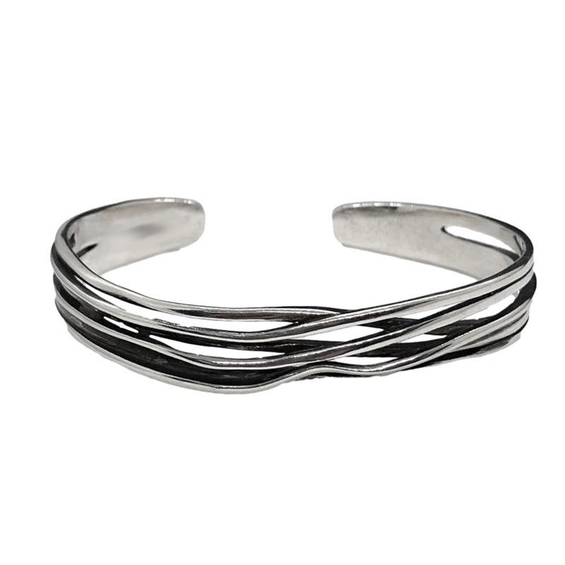 Wave Weave Personalized Minimalist Silver Punk Bracelet - Open Design Bangle