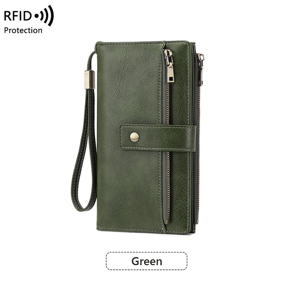 Dames RFID Anti-magnetische Lange Portemonnee: Retro Drievoudige Clutch met Meerdere Kaarthouders
