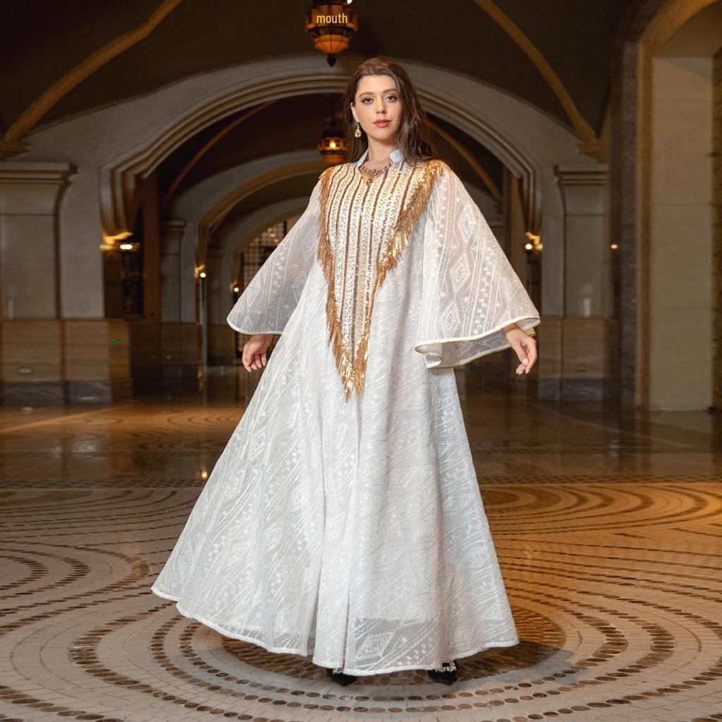 AB320 Tulle Embroidered Sequined Muslim Evening Dress - Arabic Dubai Style Robe for Middle Eastern Women