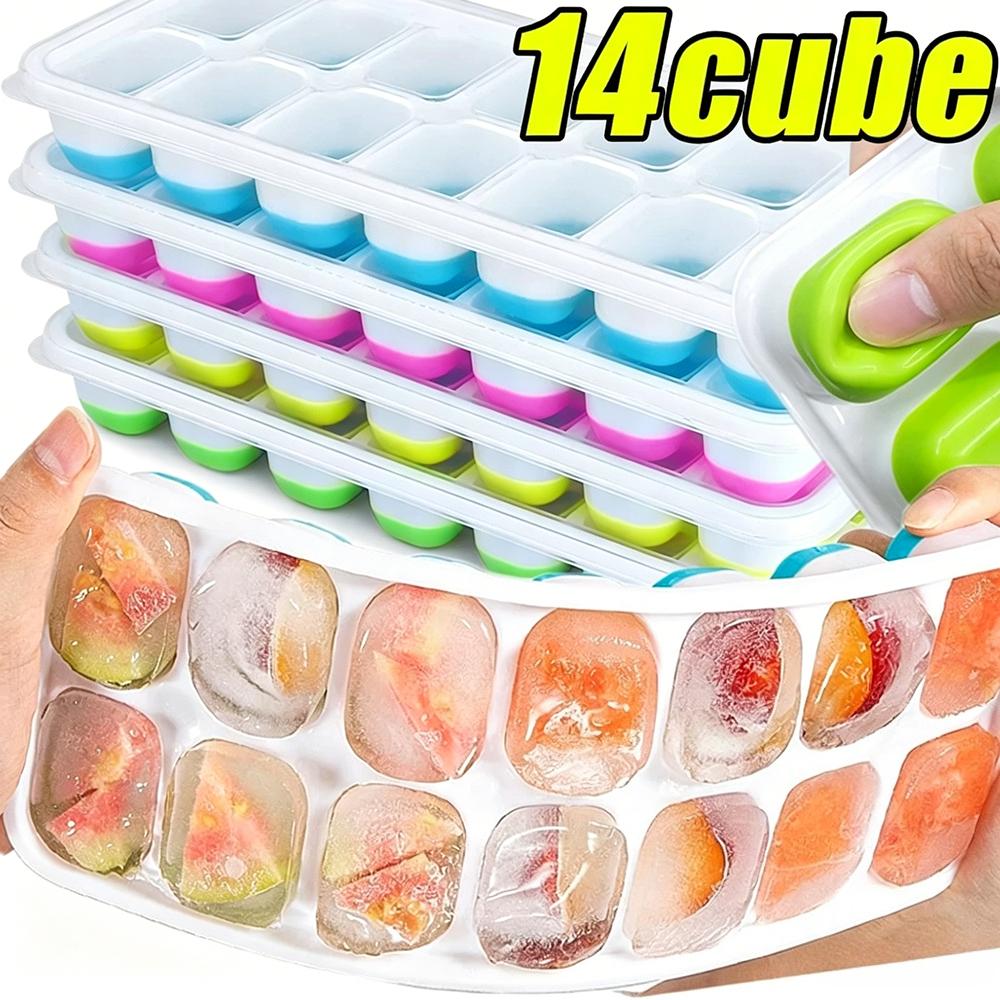 Ice Cube Tray Silicone Mold with Cover Square 14-cube Easy Release Ice Cube Molds Summer Kitchen Bar DIY Iced Drink Maker Tools