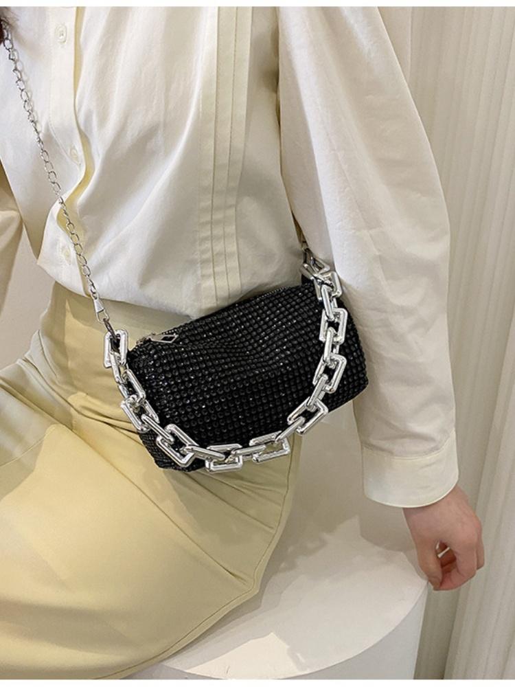 

1pc New Portable Fashi Women s Crossbody Bag With Bright Diamds And Metal Chains PU Material For Dinner Parties Everyday чёрный