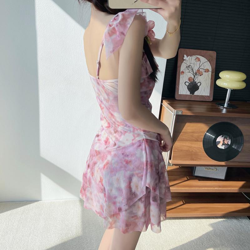 Fairy-Inspired Skirt One-Piece Swimsuit with Straps: Ink Style, French Elegance, Beach-Ready