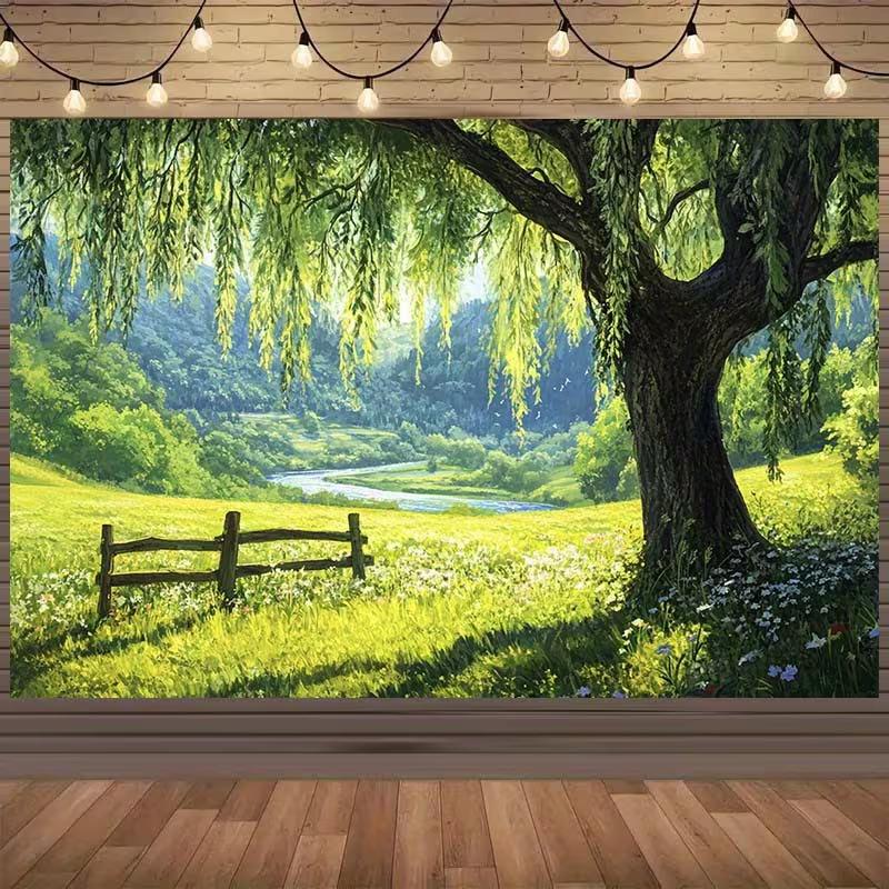 2D Spring Field Background Cloth Lush Willow Tree and Scenic Rural Landscape Decor 47.2x31.5inch/120*80cm