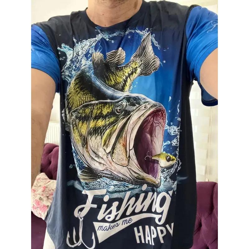 Summer Men's Fishing T-Shirts Short Sleeve 3d Fish Print Street T-Shirts Hip Hop Big Size Man Tees Loose Casual O-Neck Tops