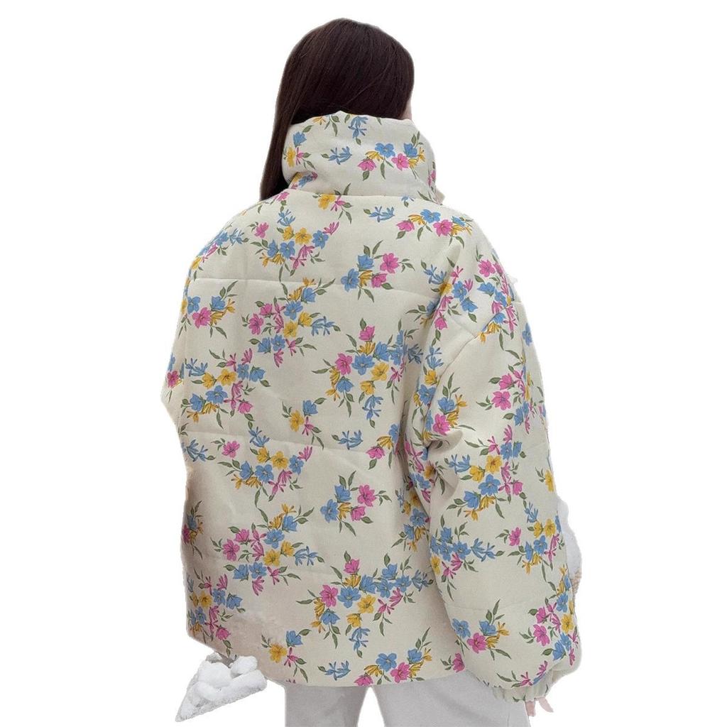 Fall Winter Women's Printed Cotton Padded Jacket, Stand Collar Zip Up Warm Puffer Coat For Outdoor Casual