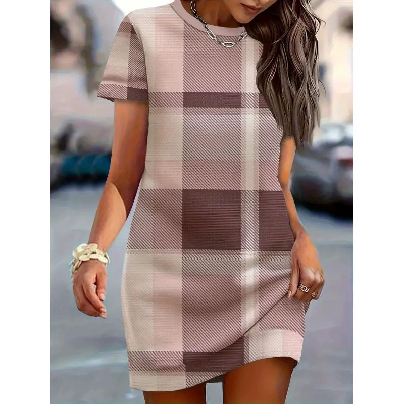 Damen kariertes Muster Mode Minikleider Sommer Kurzarm 3D-Druck Street Damenkleid 3XL Übergröße Freizeitkleid